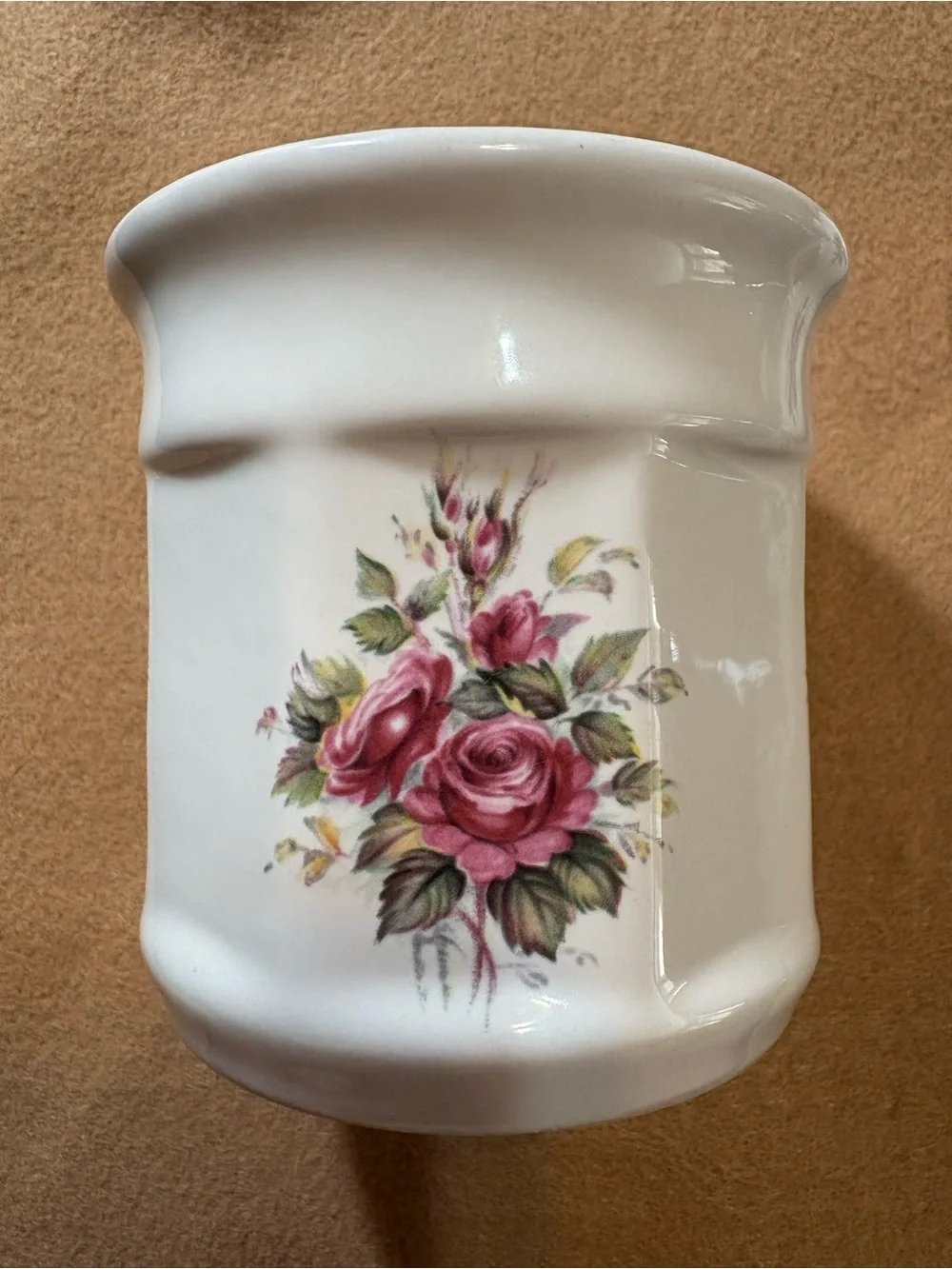 Porcelain Rose Floral Bathroom Canister with Lid - White and Pink
